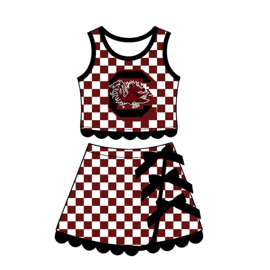 Sleeveless maroon C plaid scallop girls team active wear set