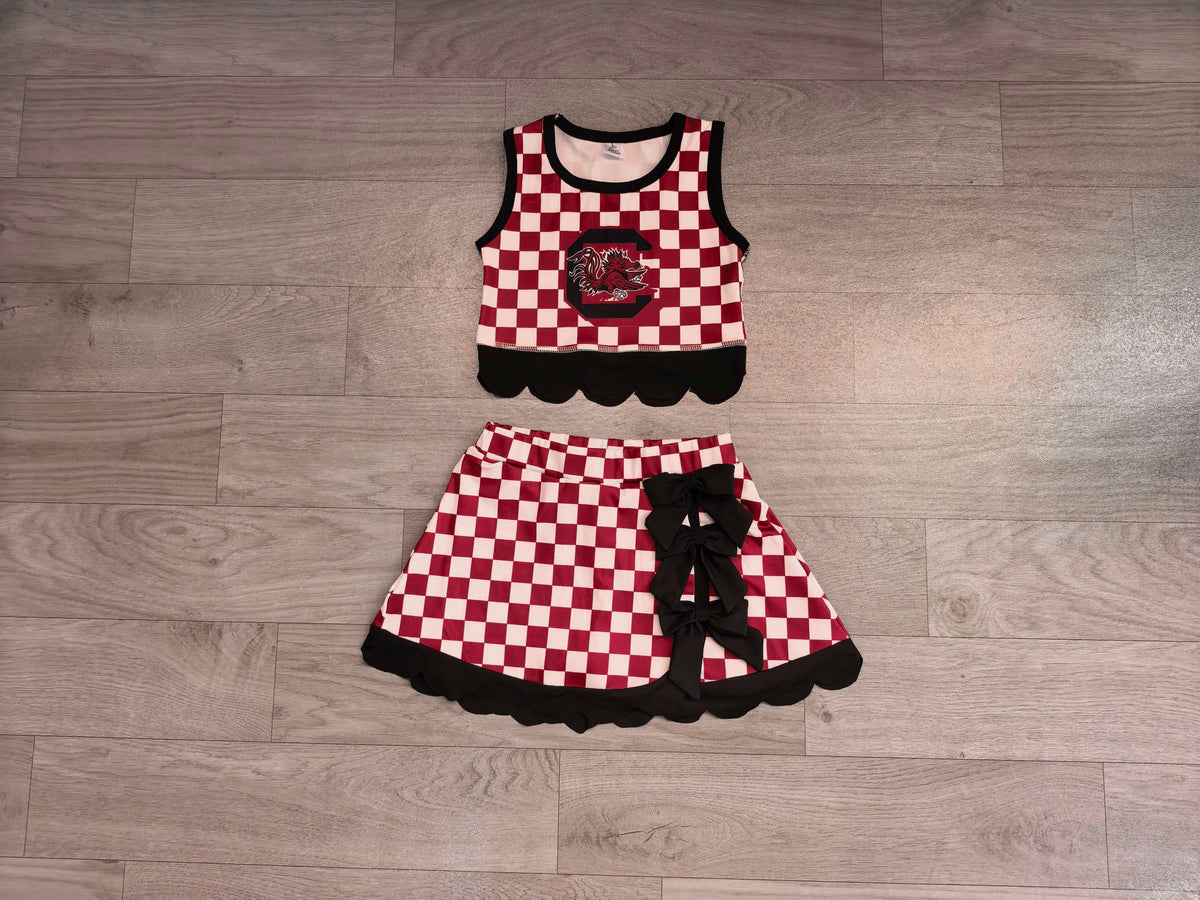Sleeveless maroon C plaid scallop girls team active wear set