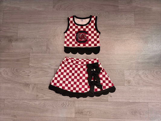 Sleeveless maroon C plaid scallop girls team active wear set