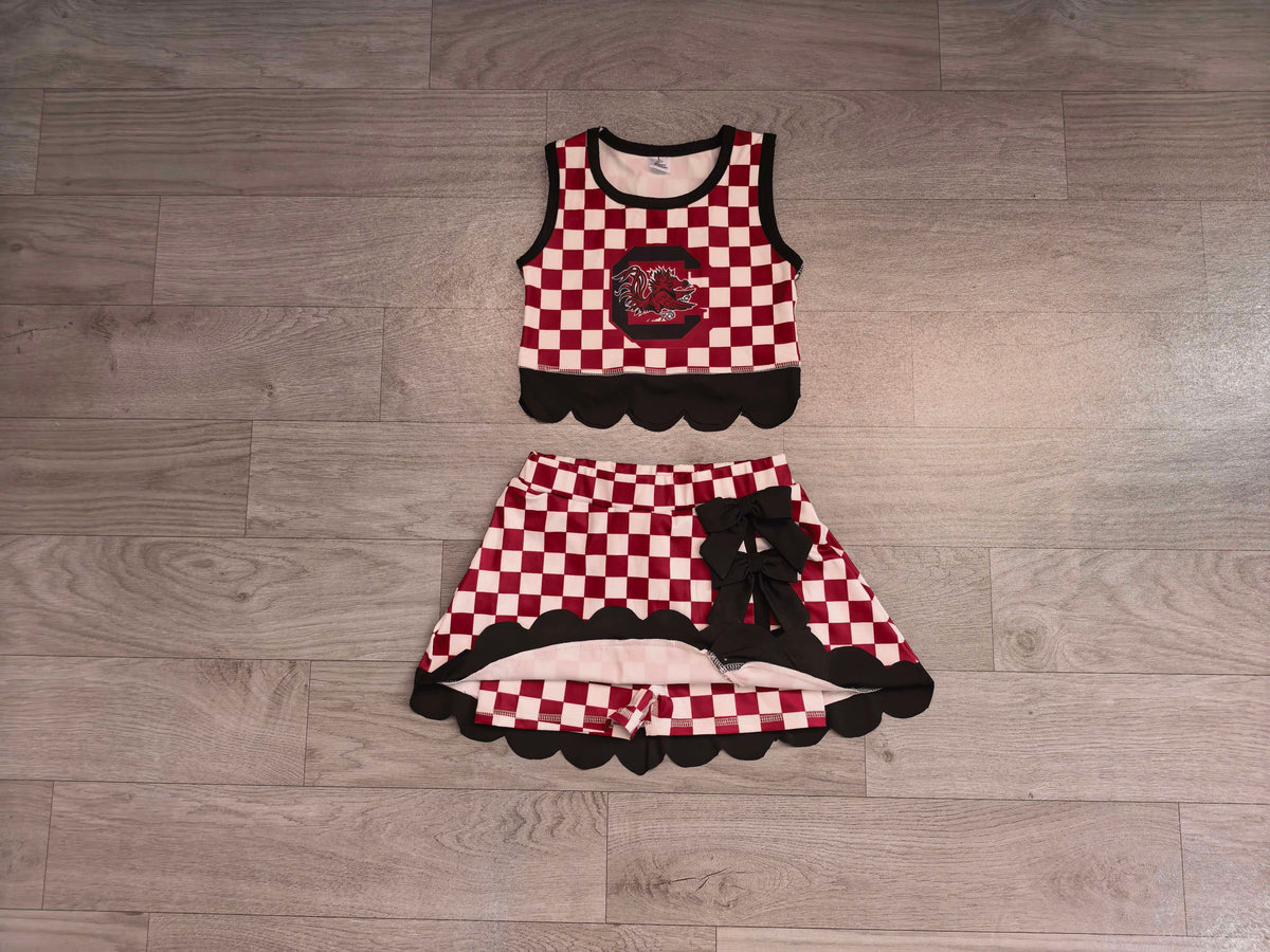 Sleeveless maroon C plaid scallop girls team active wear set