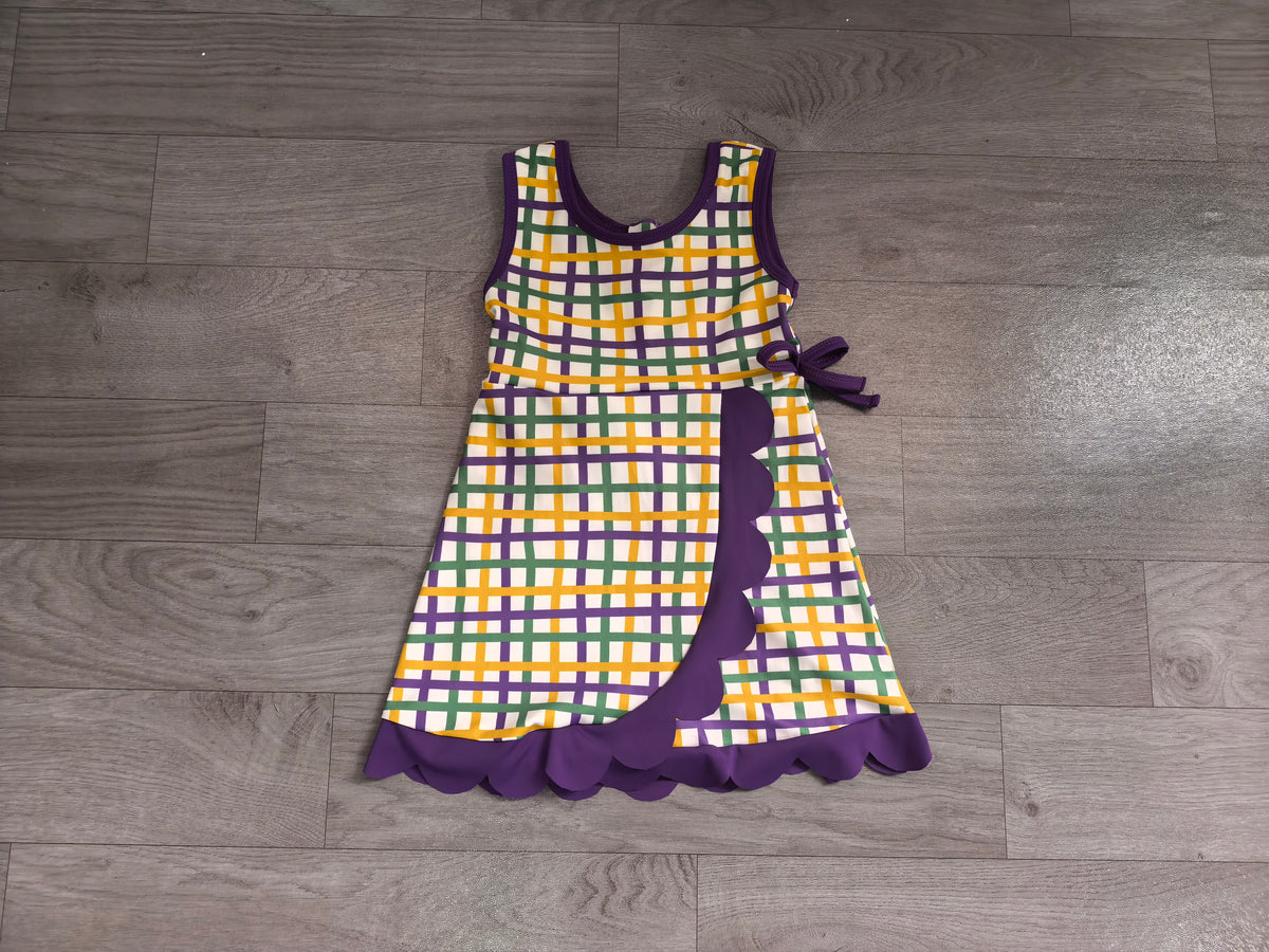 Purple yellow green scallop girls Mardi Gras athletic dress
