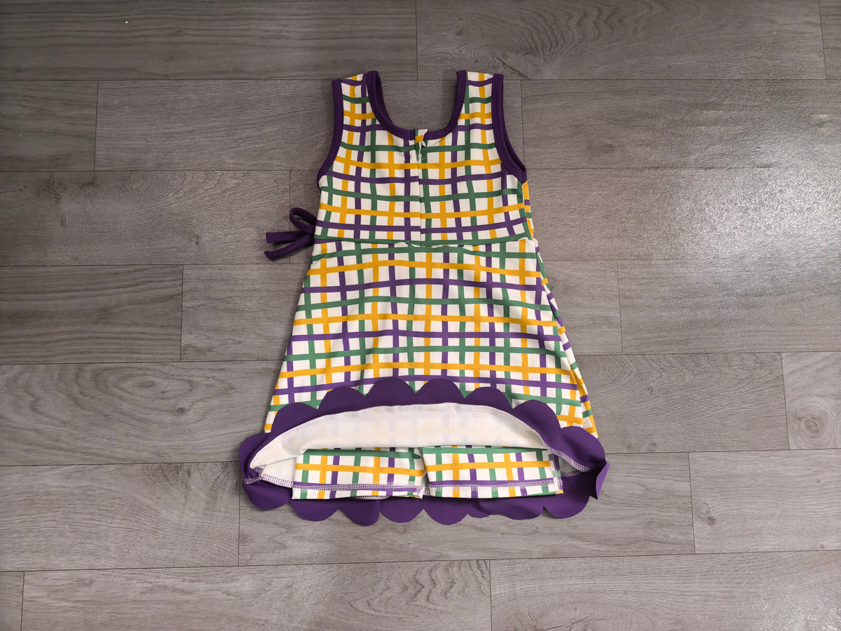 Purple yellow green scallop girls Mardi Gras athletic dress
