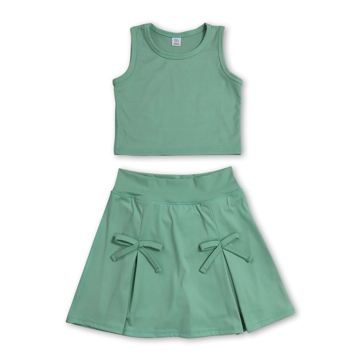 Sleeveless green crop top bow skirt kids girls summer active set