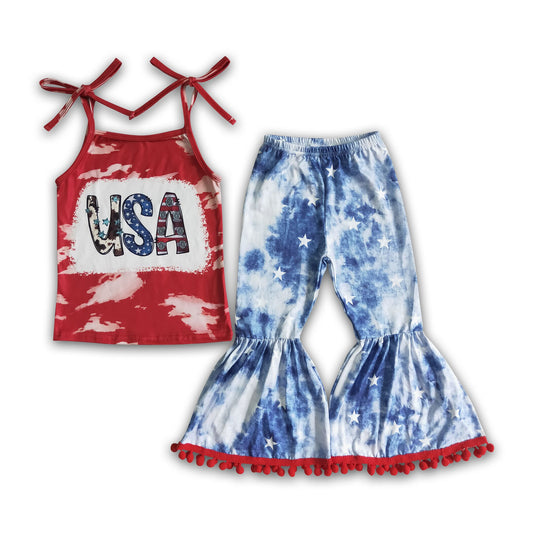 USA sleeveless shirt tie dye pants girls 4th of july set