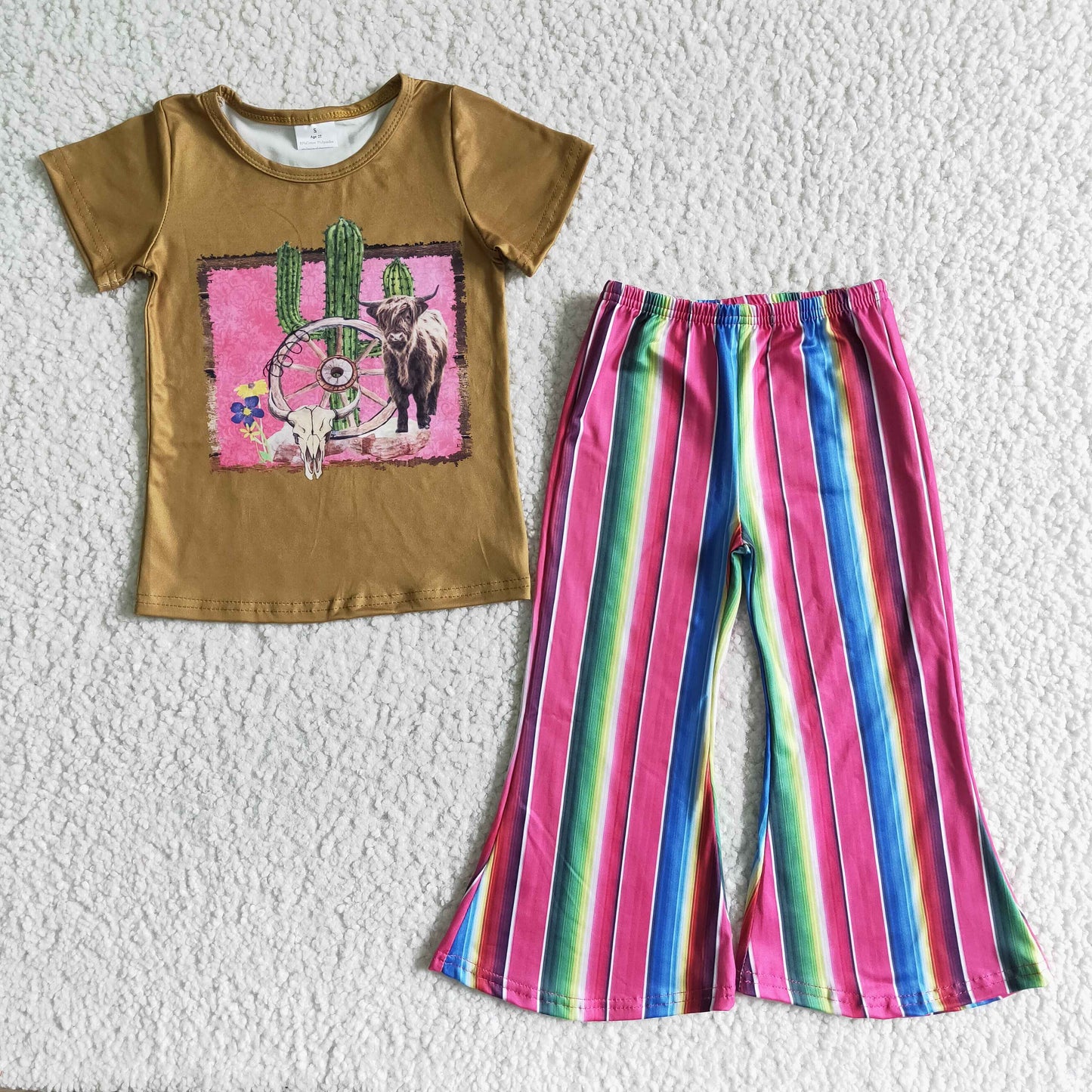 Highland cow cactus shirt stripe pants girls western clothing