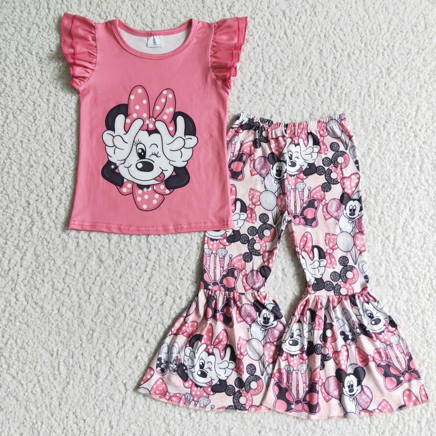 Pink cute shirt mouse bell bottom pants set girls boutique clothes