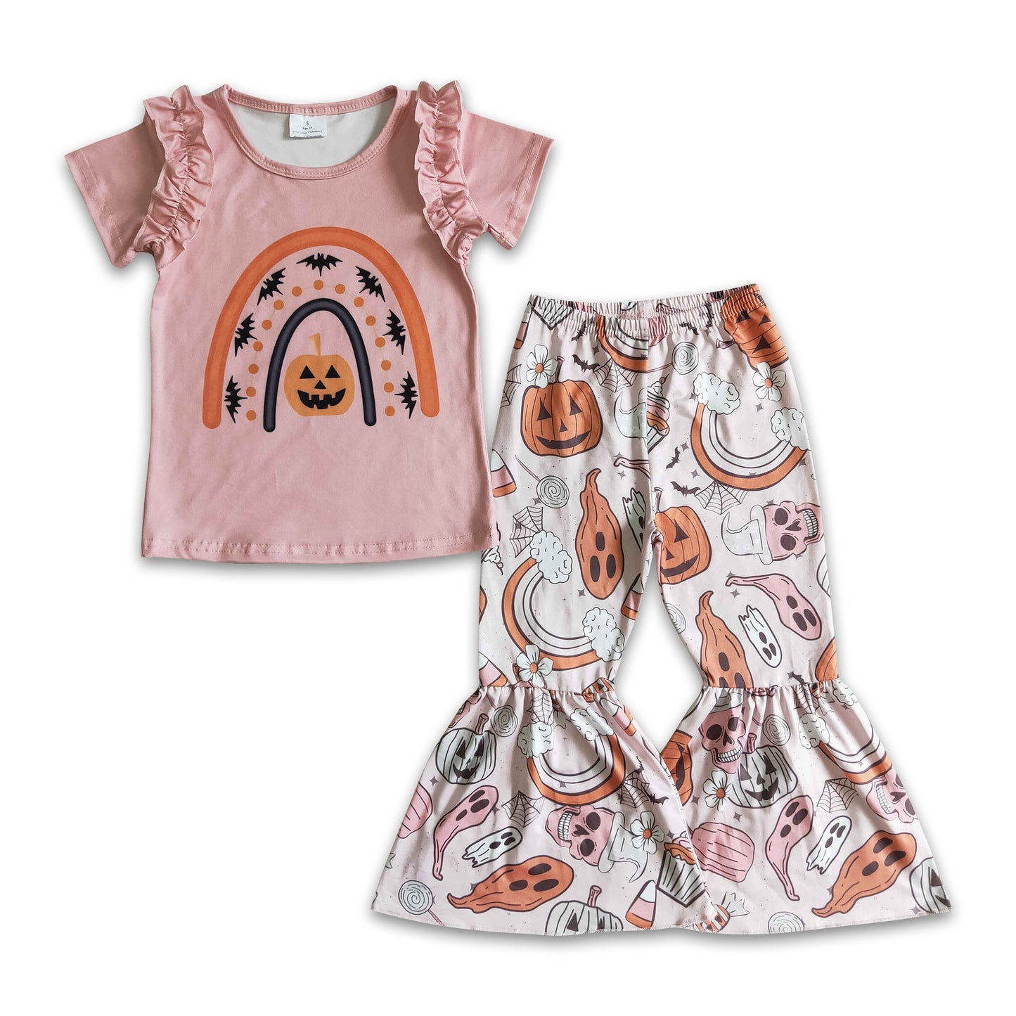 Pumpkin rainbow shirt bell bottom pants girls Halloween set