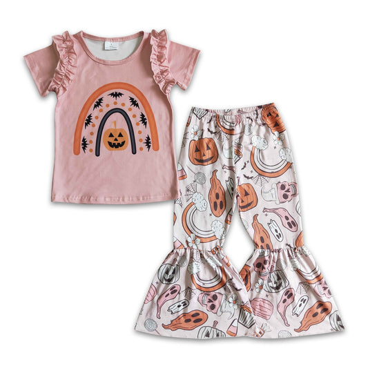 Pumpkin rainbow shirt bell bottom pants girls Halloween set
