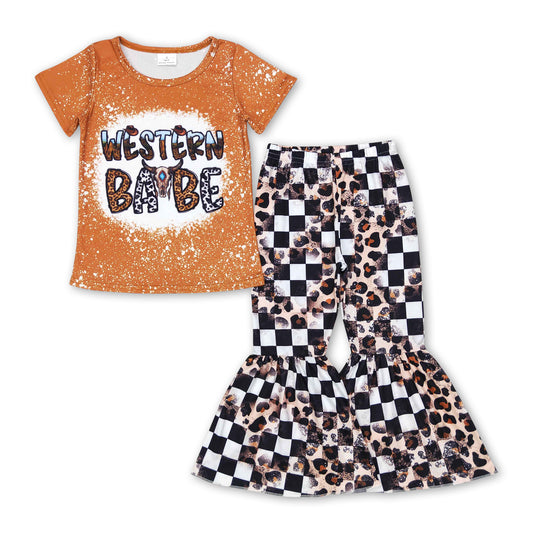 Western babe top plaid leopard pants girls clothing set