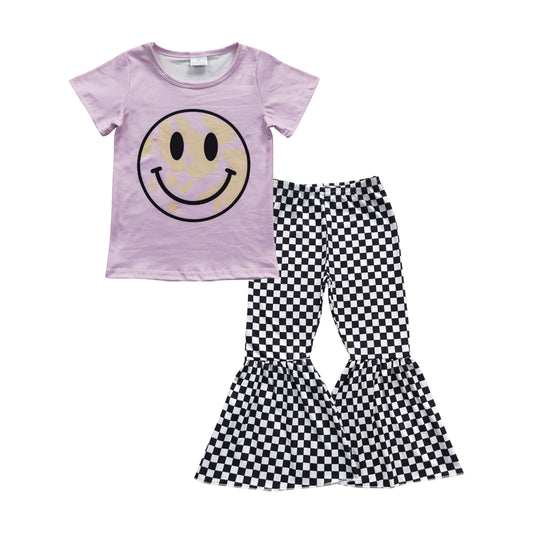 Pink smile shirt plaid pants girls clothing set