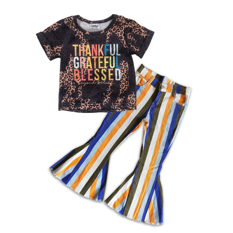 Leopard shirt blue yellow stripe jeans girls Thanksgiving clothes