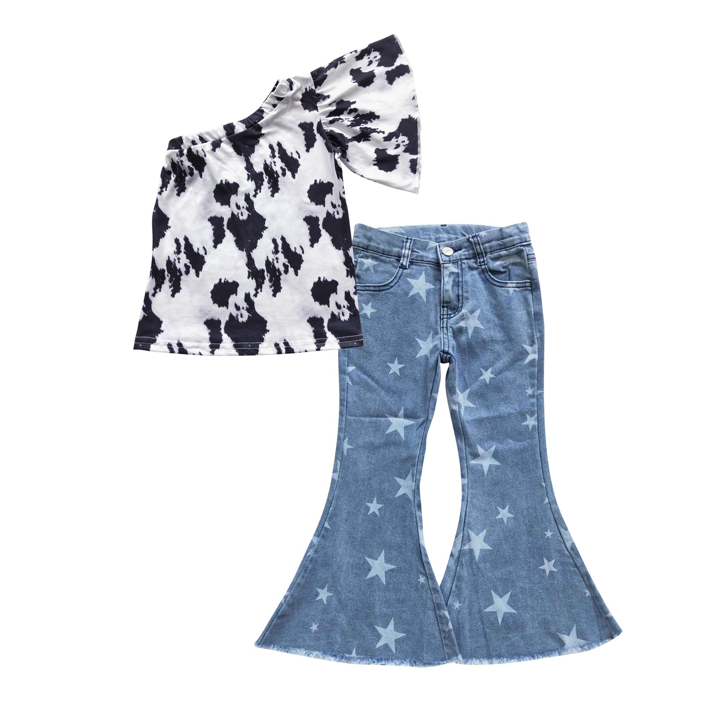 One shoulder cow shirt stars jeans girls clothing