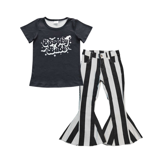 Spooky babe bat shirt stripe jeans girls Halloween clothes
