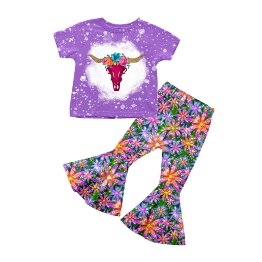Purple bull skull top floral pants girls clothing set