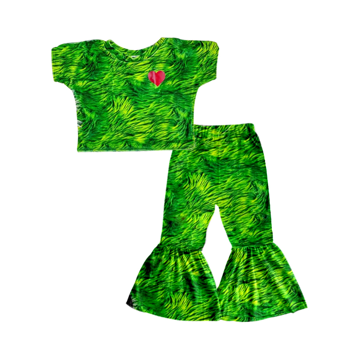 Green face heart short sleeves kids girls Christmas outfits