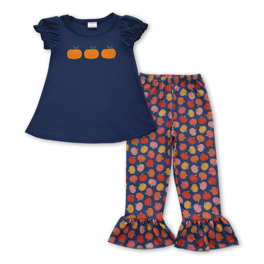 Navy pumpkin top ruffle pants girls fall clothing