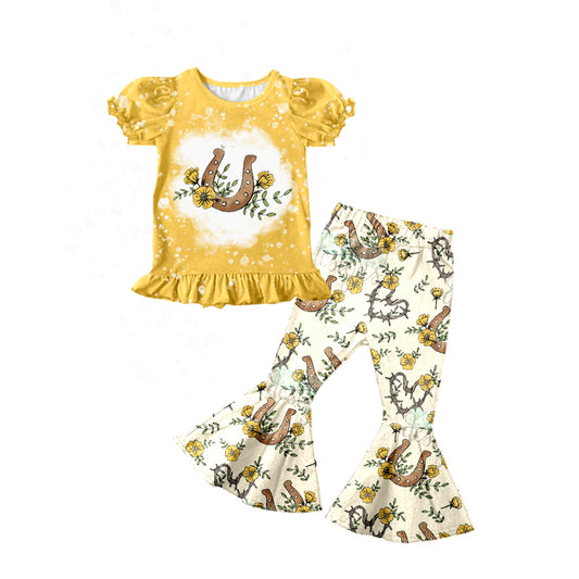 Yellow floral horseshoes bleached shirt pants girls clothes