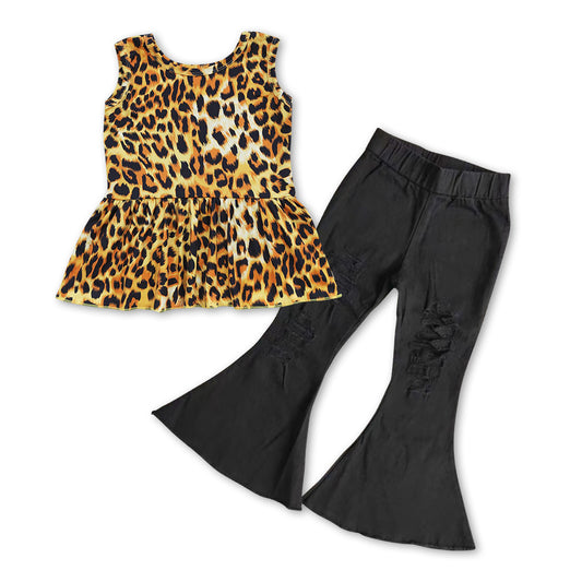 Leopard peplum black jeans kids girls clothing