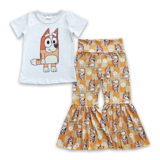 Short sleeves yellow dog floral plaid girls outfits