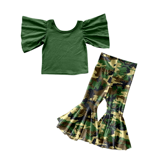 Olive top camo bell bottom pants kids girls clothing set