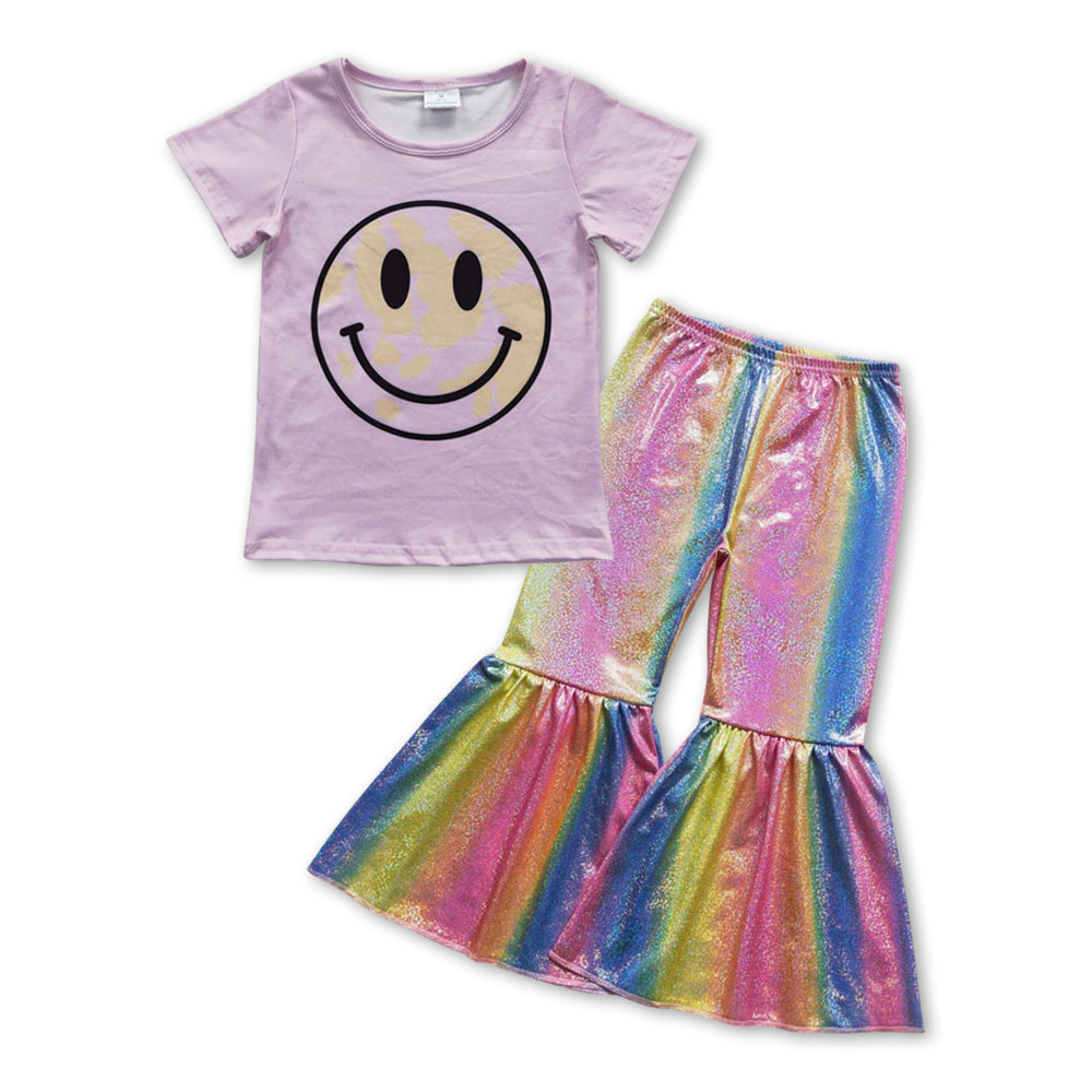 Smile short sleeves top colorful shinny pants girls clothes