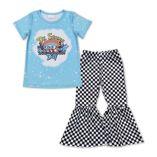 Cat rainbow top plaid pants girls clothing set