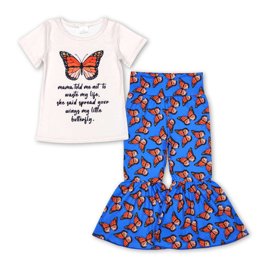 Short sleeves butterfly top pants kids girls clothing set