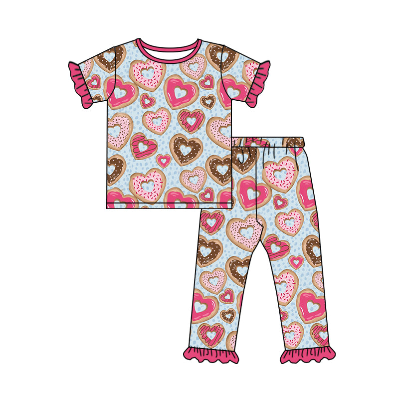 Short sleeves heart donut girls valentine's day pajamas