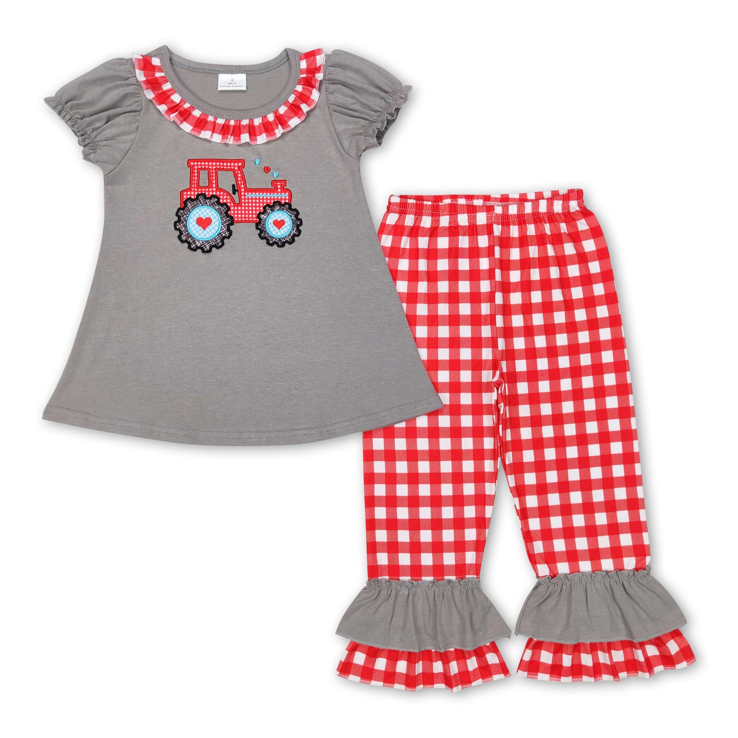 Tractor heart tunic plaid pants girls Valentine's outfits