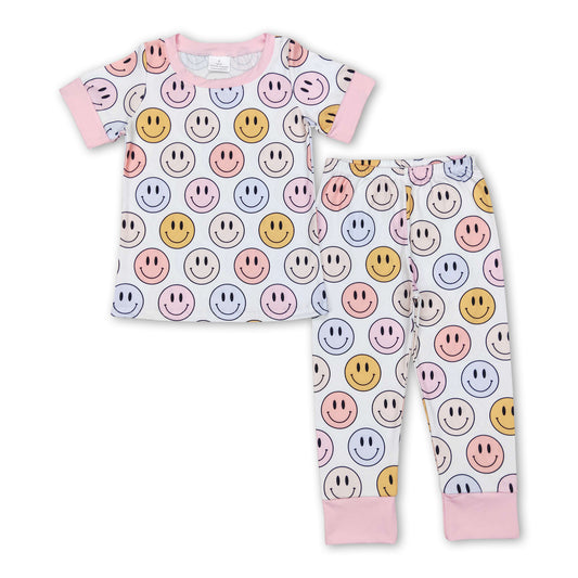 Pink short sleeves smile kids girls pajamas