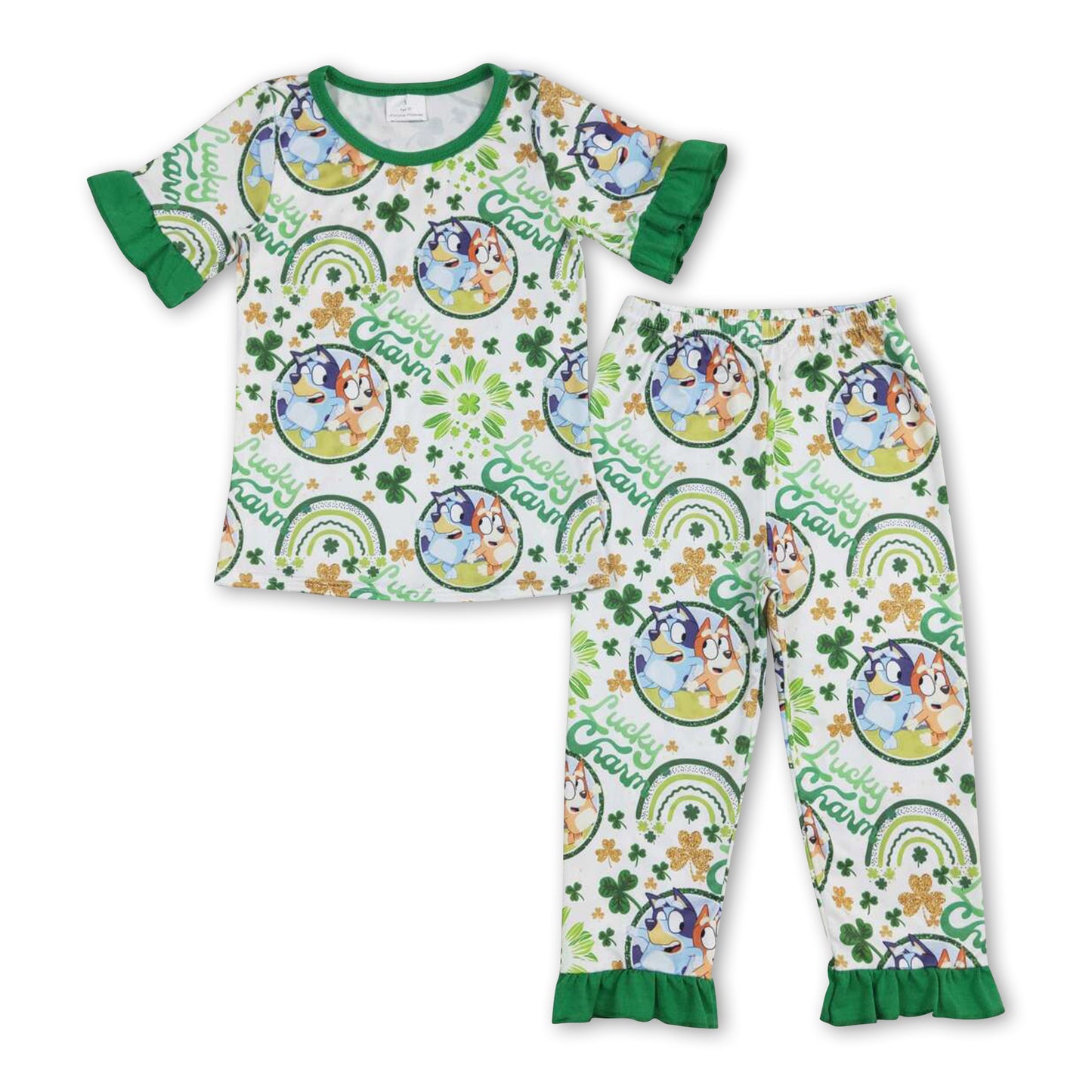 Green dog lucky charm clover girls st patrick's pajamas