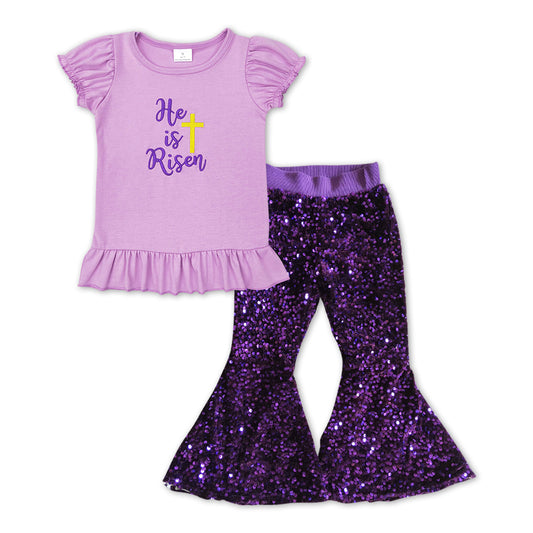 He is risen cross embroidery purple sequin girls easter set