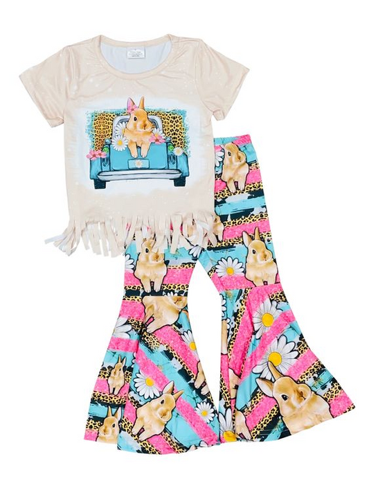 Leopard bunny tassels top pants girls easter outfits