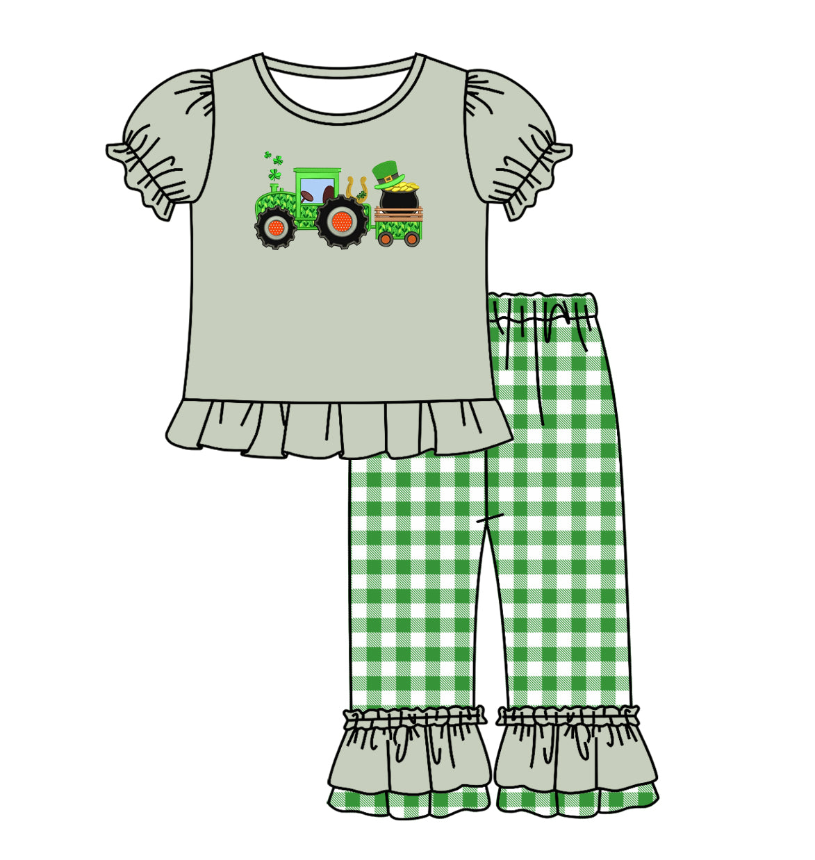 Tractor clover top plaid pants kids girls st patrick's day outfits