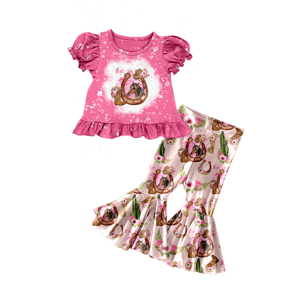 Hot pink horse top pants floral kids girls clothing set