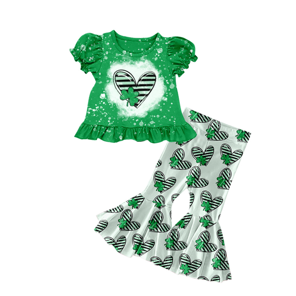 Green heart clover top pants girls st patrick's day set