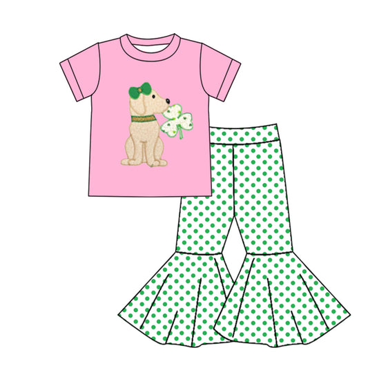 Dog clover top polka dots pants girls st patrick's clothes