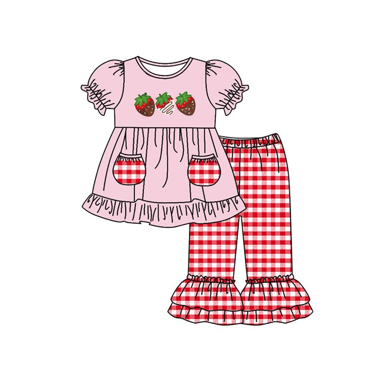 Pink strawberry tunic plaid pants kids girls clothes