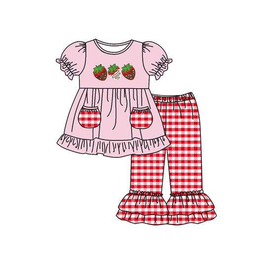 Pink strawberry tunic plaid pants kids girls clothes