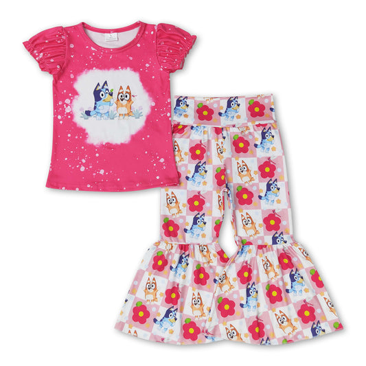 Hot pink dog flower top pants girls clothing set