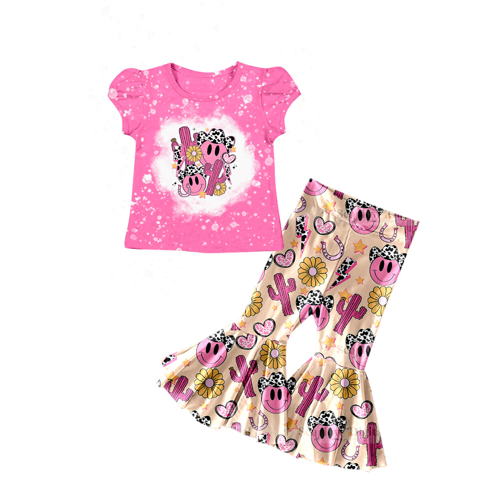 Pink smile cactus flower top pants girls clothing set