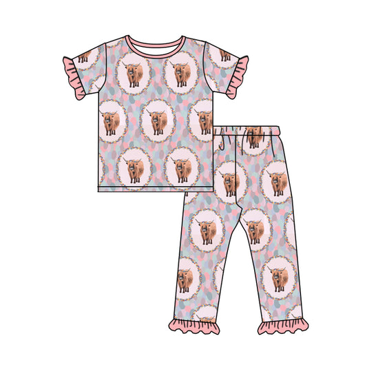 Short sleeves highland cow girls pajamas