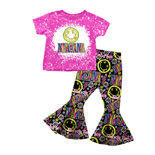 Hot pink bleached top smile floral girls clothing set