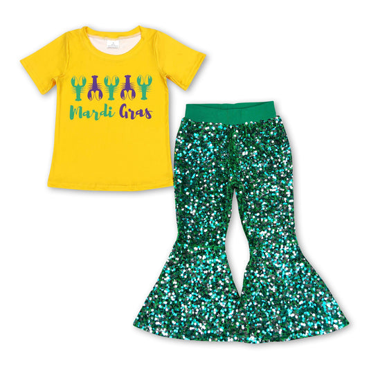 Crawfish mardi gras top green sequin pants girls clothes