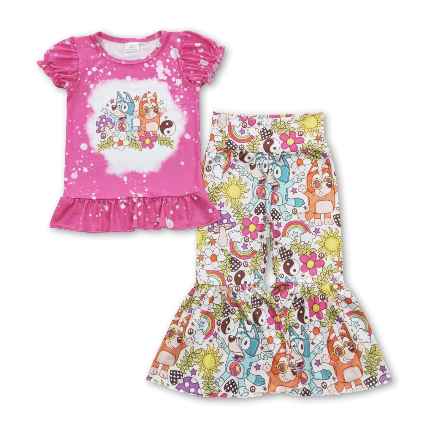 Bleached floral mushroom dog top pants girls clothing set