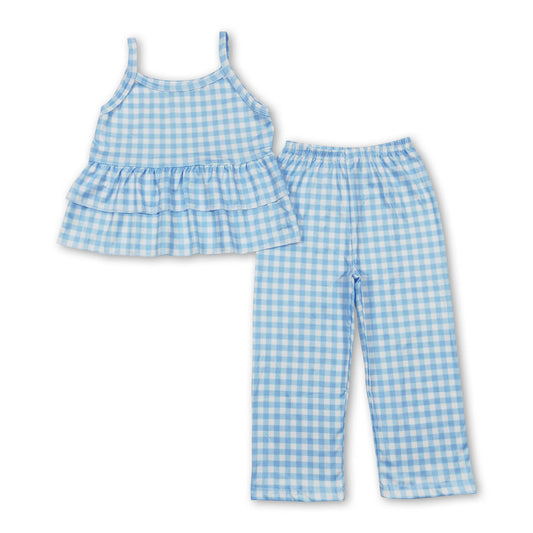 Sleeveless aqua plaid ruffle top pants girls outfits