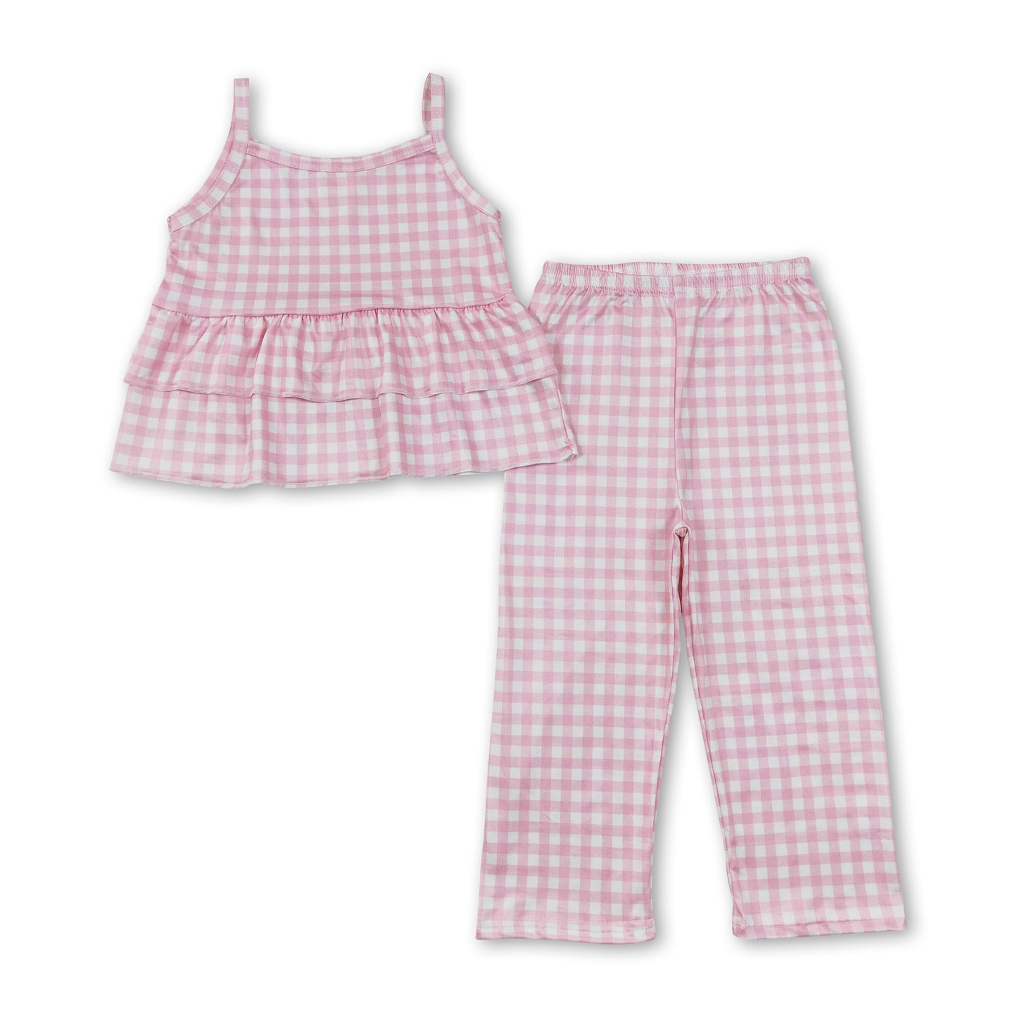 Sleeveless pink plaid ruffle top pants girls outfits