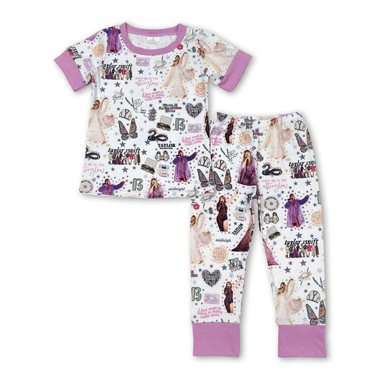 Purple short sleeves singer girls pajamas