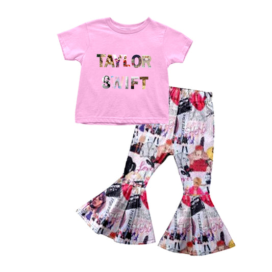 Pink short sleeves top bell bottom pants singer girls clothes