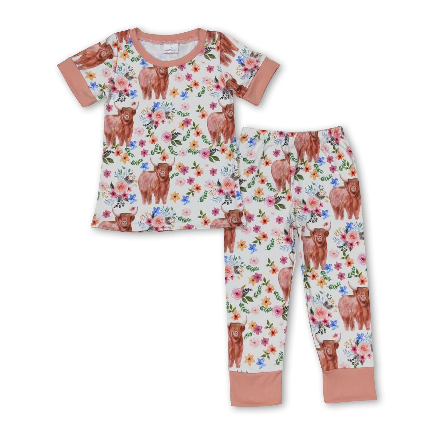 Khaki highland cow floral kids girls pajamas